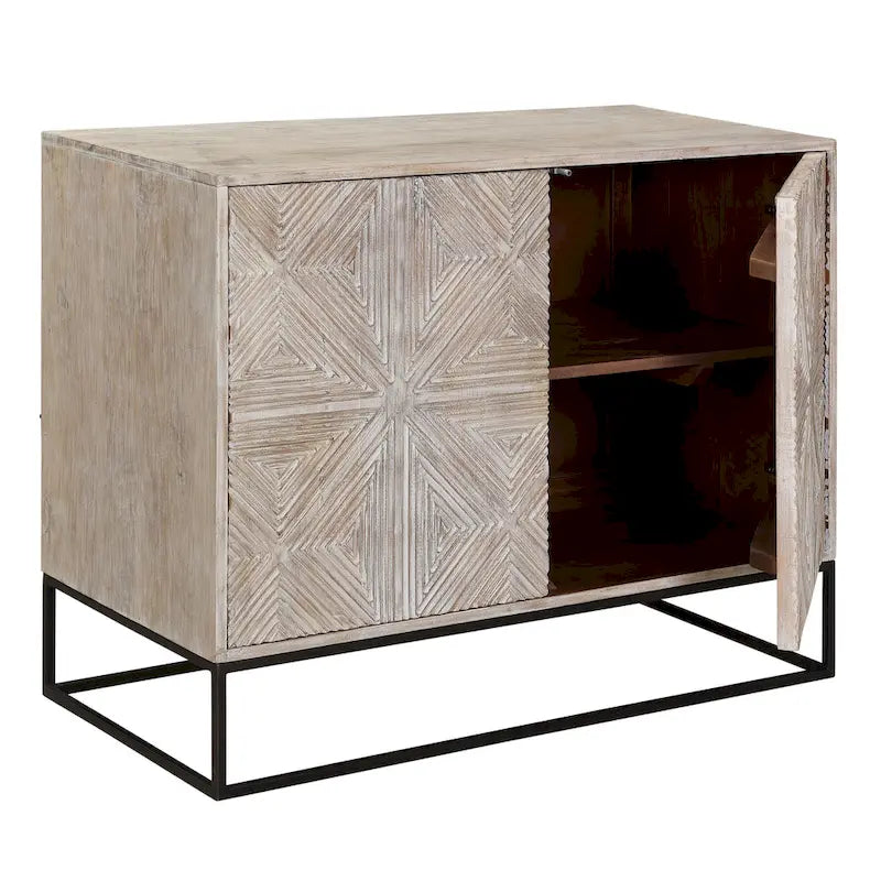 Mango Wood Hand-Carved 4-Door Sideboard with Black Metal Base
