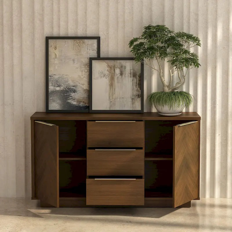Dark Brown Herringbone MDF Sideboard Buffet Credenza with Gold Handles