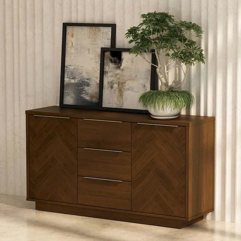 Dark Brown Herringbone MDF Sideboard Buffet Credenza with Gold Handles