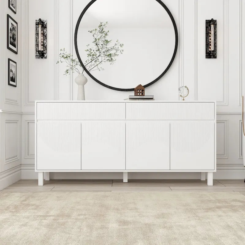 White Floor Cabinet Fluted Door 4-Door 2-Drawer Storage Sideboard Buffet