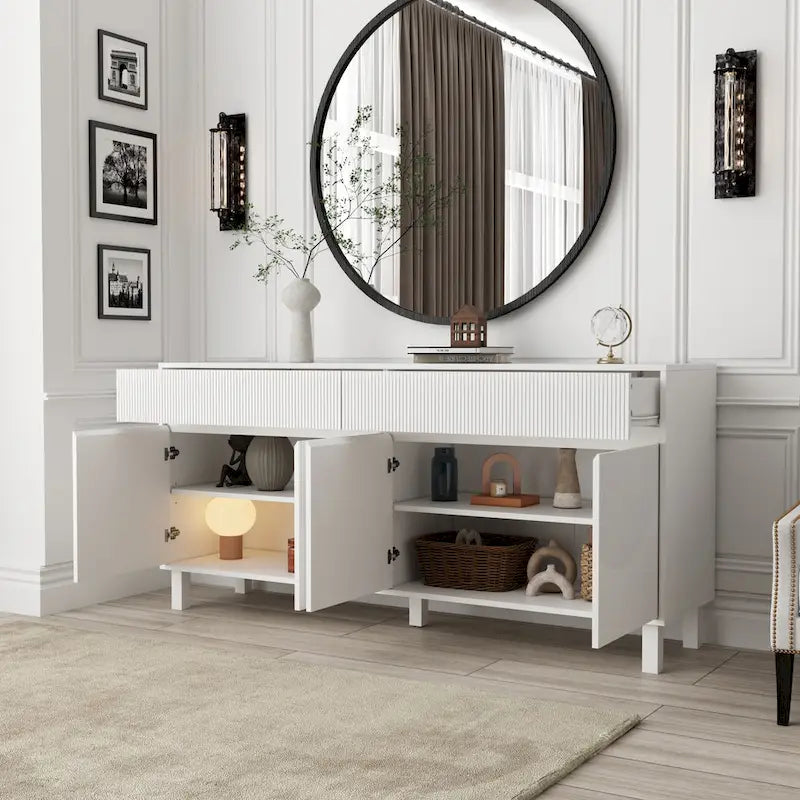 White Floor Cabinet Fluted Door 4-Door 2-Drawer Storage Sideboard Buffet