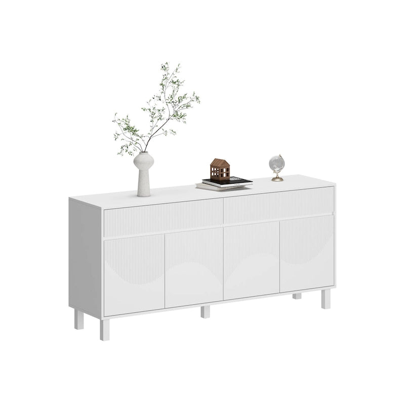 White Floor Cabinet Fluted Door 4-Door 2-Drawer Storage Sideboard Buffet