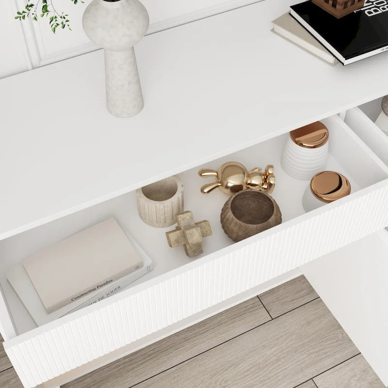 White Floor Cabinet Fluted Door 4-Door 2-Drawer Storage Sideboard Buffet