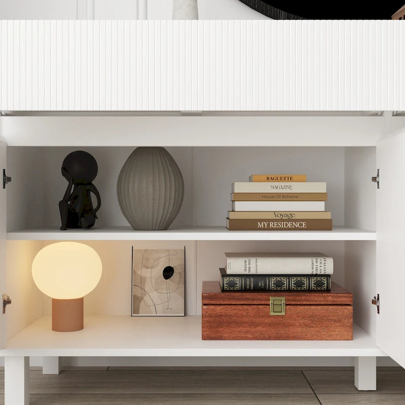 White Floor Cabinet Fluted Door 4-Door 2-Drawer Storage Sideboard Buffet