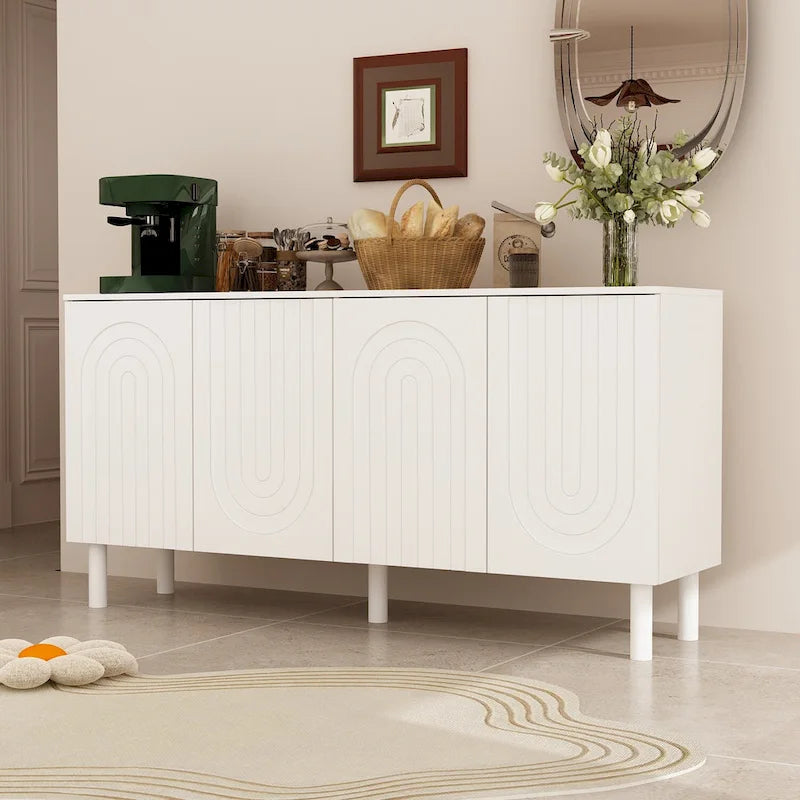 White 4-Door Sideboard Cabinet with Arch Embossed Doors Pine Legs