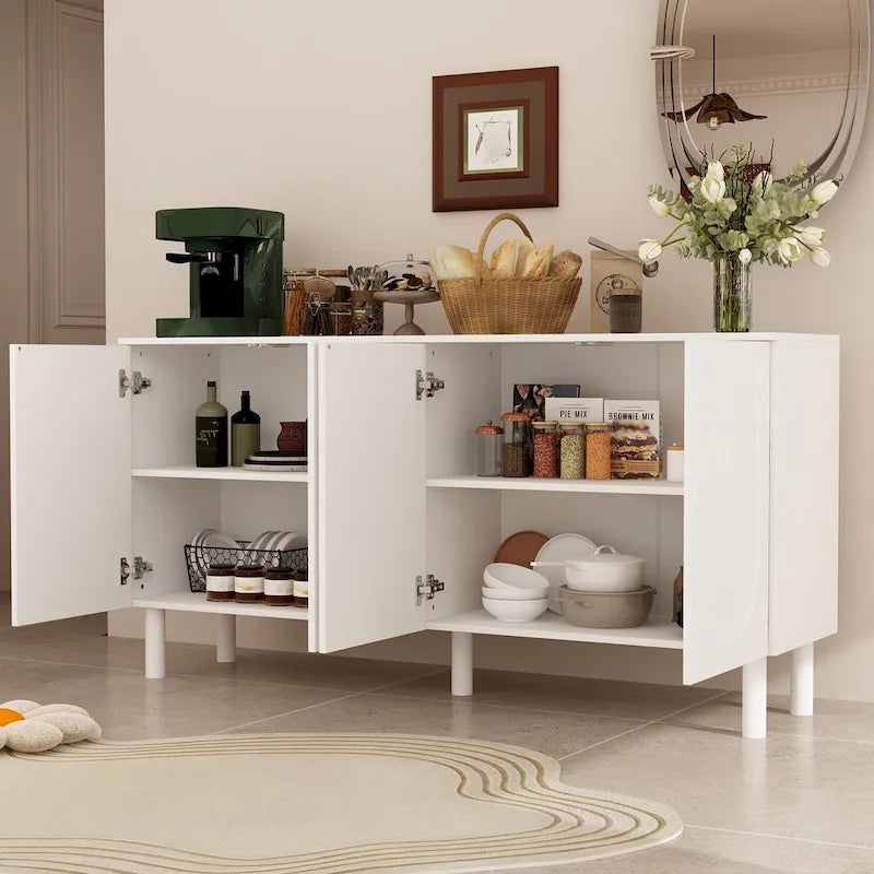 White 4-Door Sideboard Cabinet with Arch Embossed Doors Pine Legs