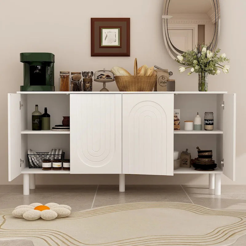 White 4-Door Sideboard Cabinet with Arch Embossed Doors Pine Legs