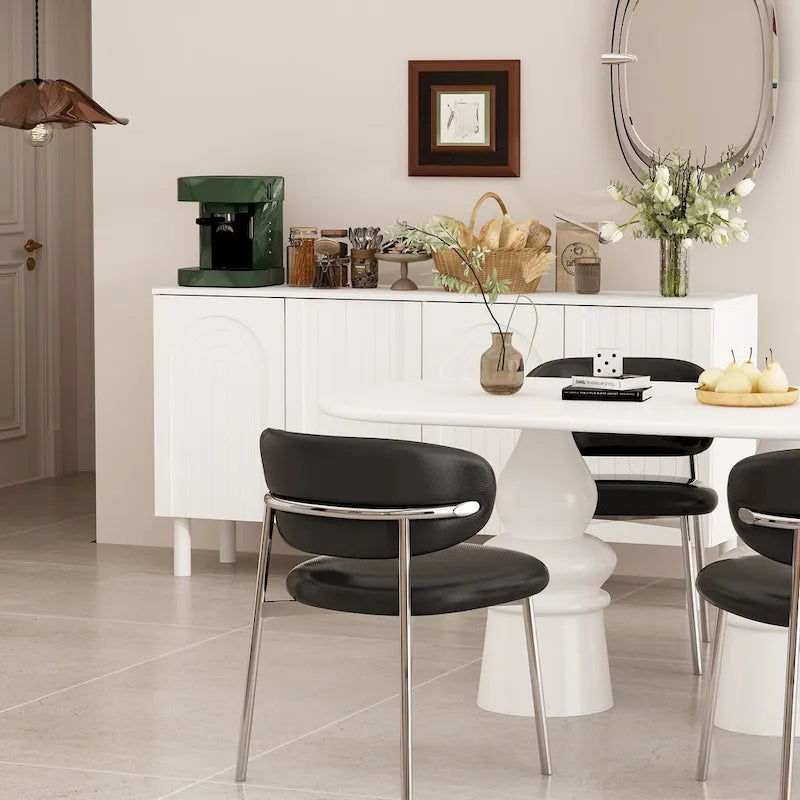 White 4-Door Sideboard Cabinet with Arch Embossed Doors Pine Legs