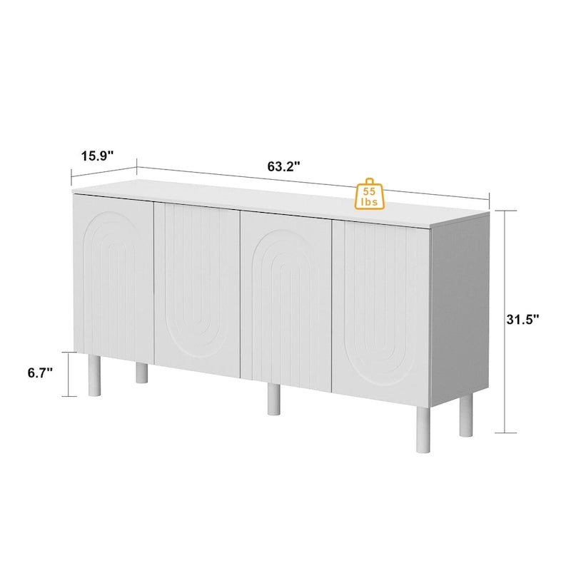 White 4-Door Sideboard Cabinet with Arch Embossed Doors Pine Legs