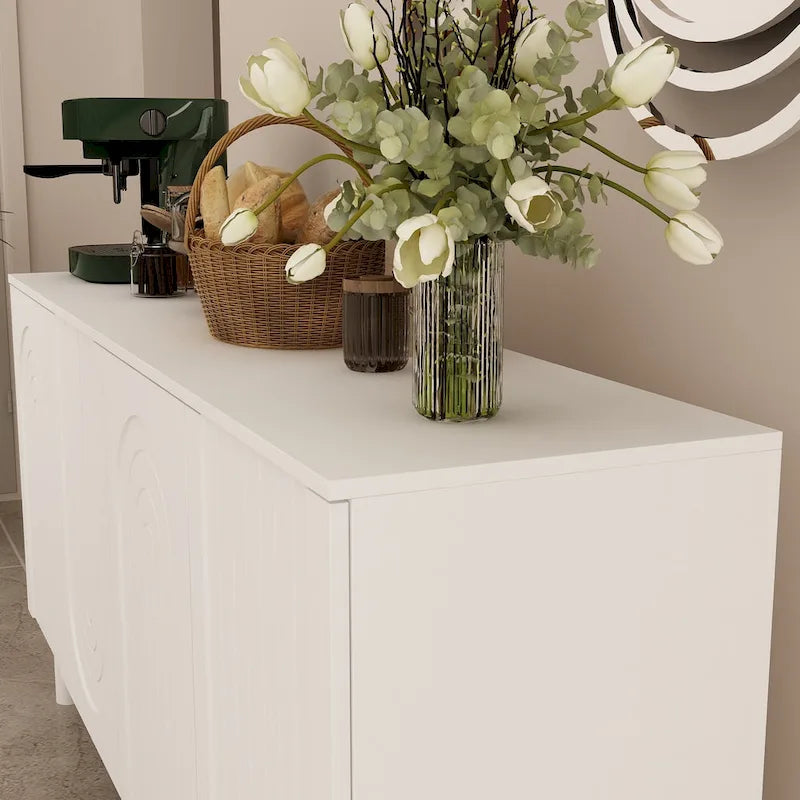 White 4-Door Sideboard Cabinet with Arch Embossed Doors Pine Legs