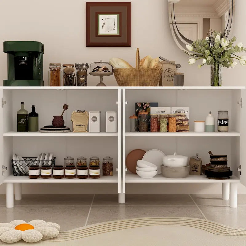 White 4-Door Sideboard Cabinet with Arch Embossed Doors Pine Legs