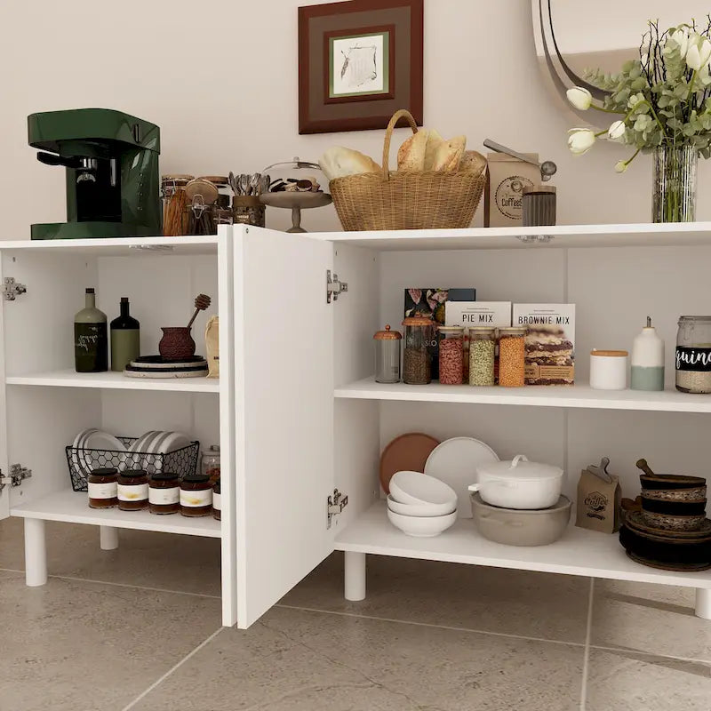White 4-Door Sideboard Cabinet with Arch Embossed Doors Pine Legs