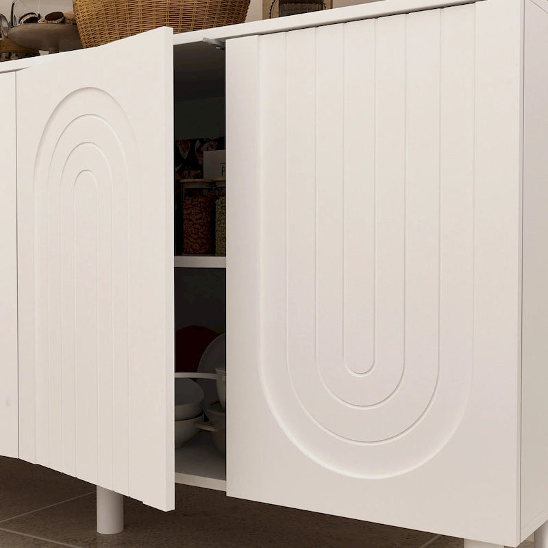 White 4-Door Sideboard Cabinet with Arch Embossed Doors Pine Legs