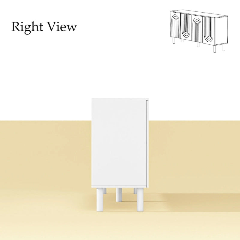 White 4-Door Sideboard Cabinet with Arch Embossed Doors Pine Legs