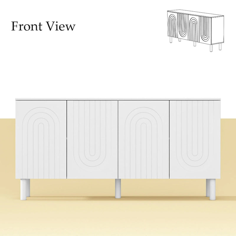 White 4-Door Sideboard Cabinet with Arch Embossed Doors Pine Legs