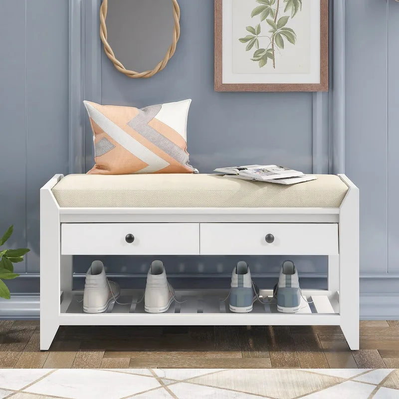 White Wood Entryway Storage Bench with Cushioned Seat, Drawers and Shoe Rack