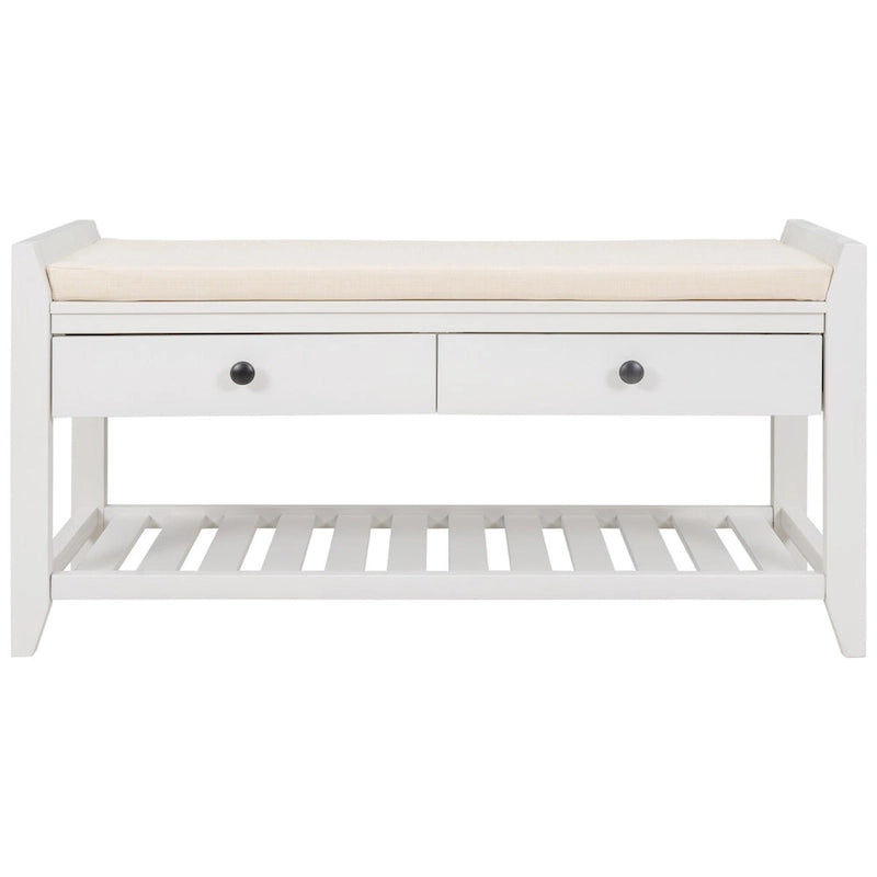 White Wood Entryway Storage Bench with Cushioned Seat, Drawers and Shoe Rack
