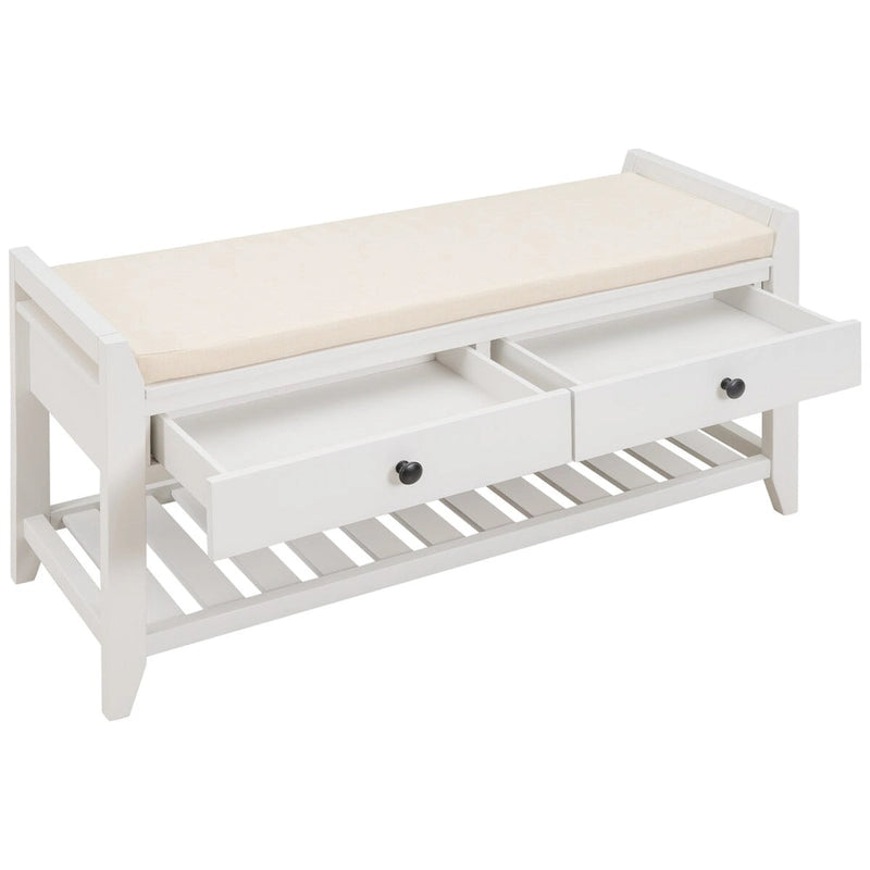 White Wood Entryway Storage Bench with Cushioned Seat, Drawers and Shoe Rack