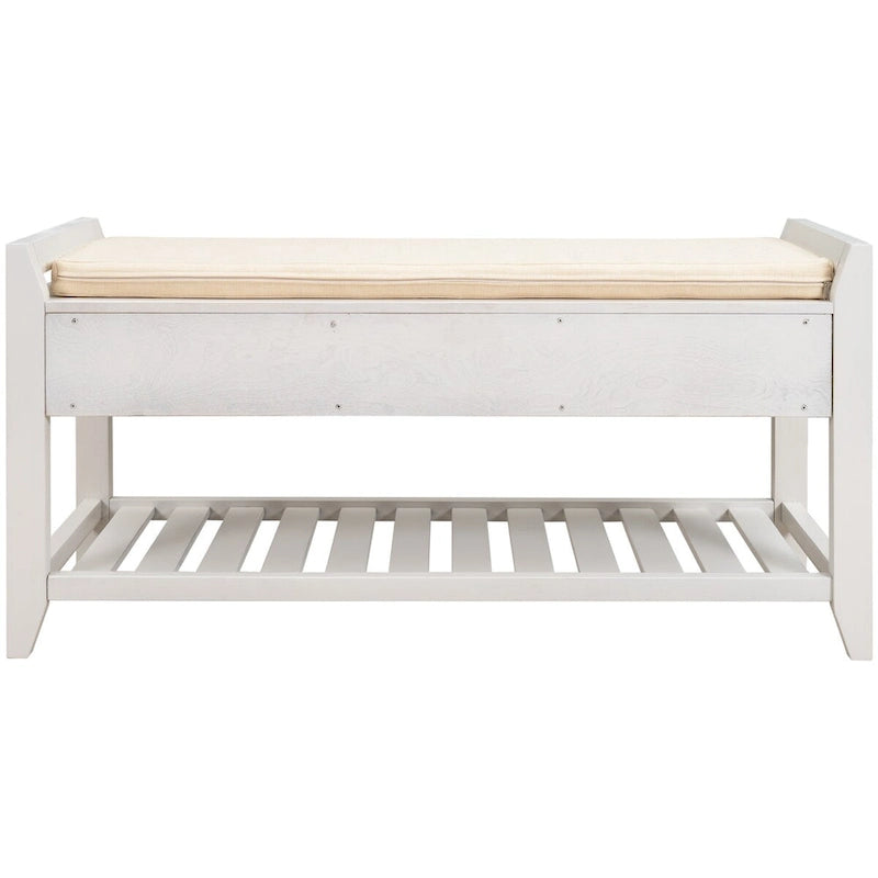 White Wood Entryway Storage Bench with Cushioned Seat, Drawers and Shoe Rack