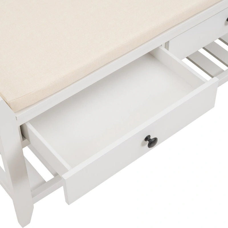 White Wood Entryway Storage Bench with Cushioned Seat, Drawers and Shoe Rack