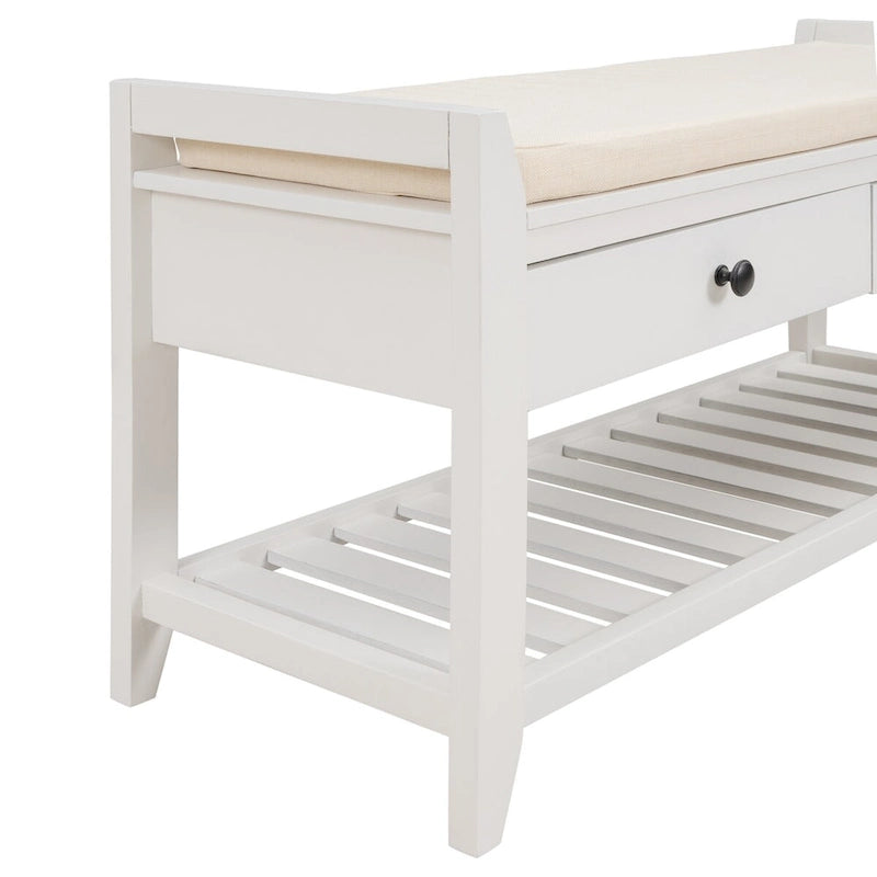 White Wood Entryway Storage Bench with Cushioned Seat, Drawers and Shoe Rack