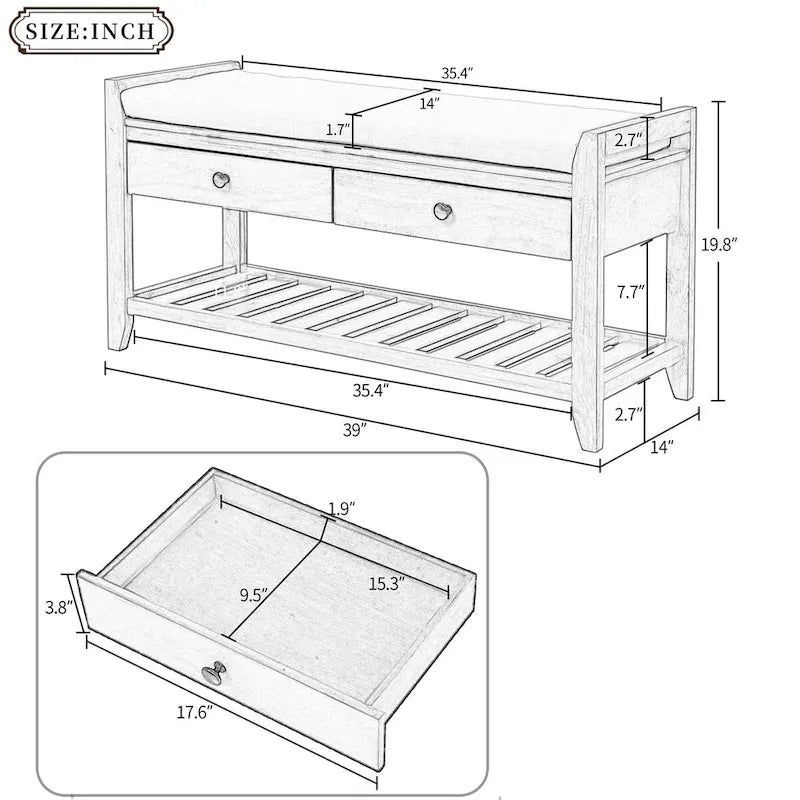 White Wood Entryway Storage Bench with Cushioned Seat, Drawers and Shoe Rack
