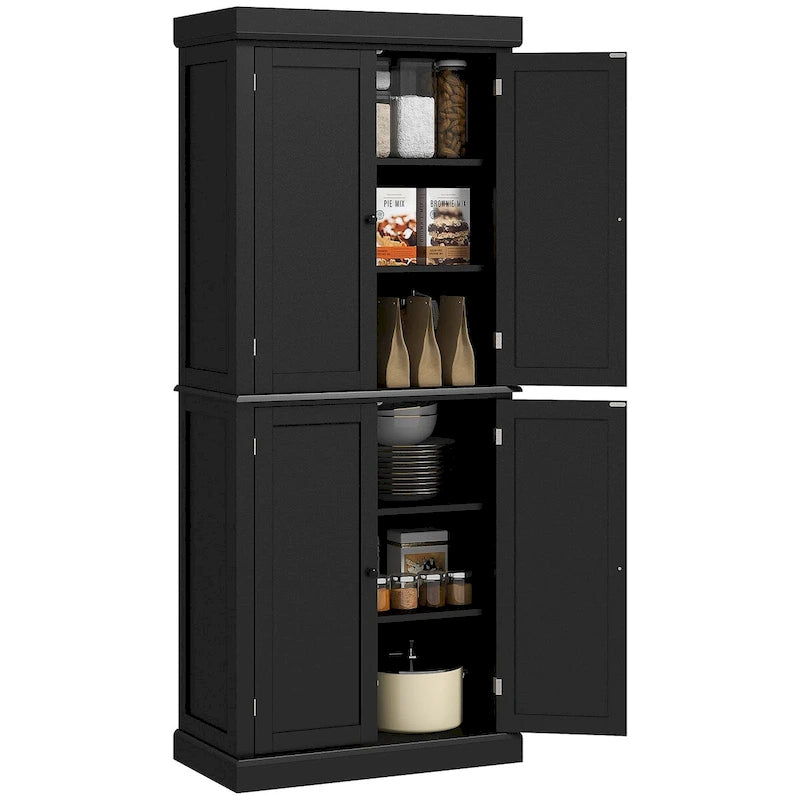 Freestanding Tall Kitchen Pantry Cabinet 4 Doors Adjustable Shelves Black MDF