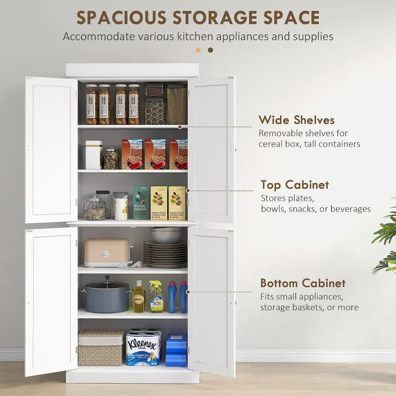 Freestanding Tall Kitchen Pantry Cabinet 4 Doors Adjustable Shelves Black MDF