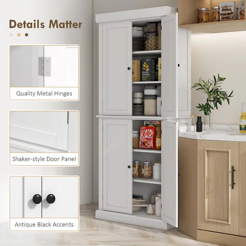 Freestanding Tall Kitchen Pantry Cabinet 4 Doors Adjustable Shelves Black MDF