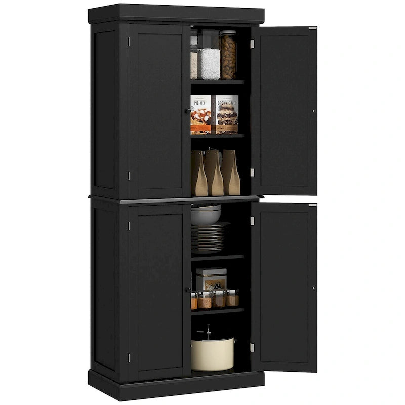 Freestanding Tall Kitchen Pantry Cabinet 4 Doors Adjustable Shelves Black MDF