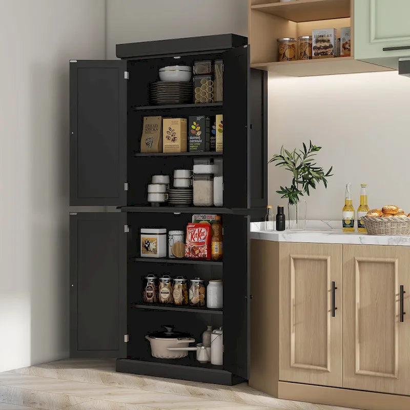 Freestanding Tall Kitchen Pantry Cabinet 4 Doors Adjustable Shelves Black MDF