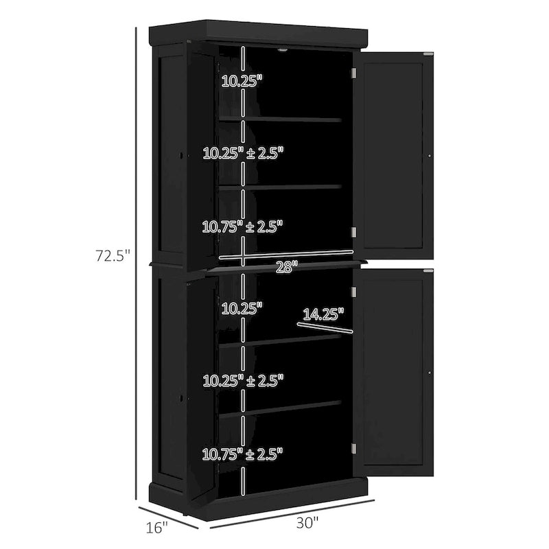 Freestanding Tall Kitchen Pantry Cabinet 4 Doors Adjustable Shelves Black MDF