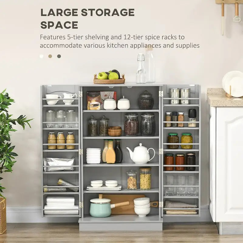 Freestanding Tall Kitchen Pantry Cabinet 4 Doors Adjustable Shelves Black MDF