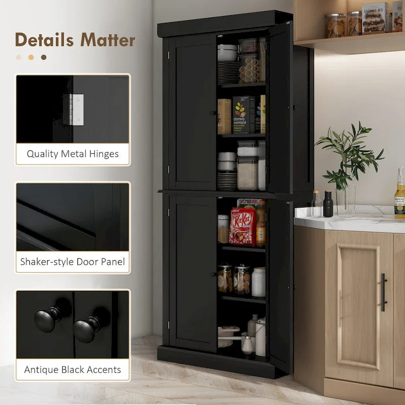 Freestanding Tall Kitchen Pantry Cabinet 4 Doors Adjustable Shelves Black MDF
