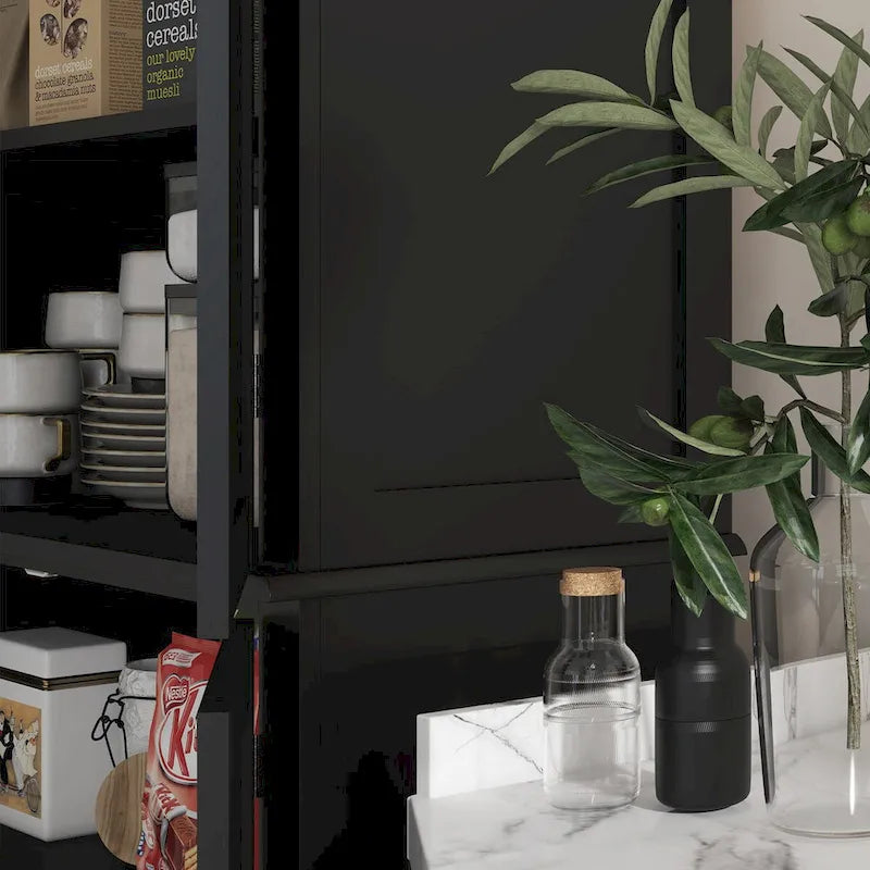 Freestanding Tall Kitchen Pantry Cabinet 4 Doors Adjustable Shelves Black MDF