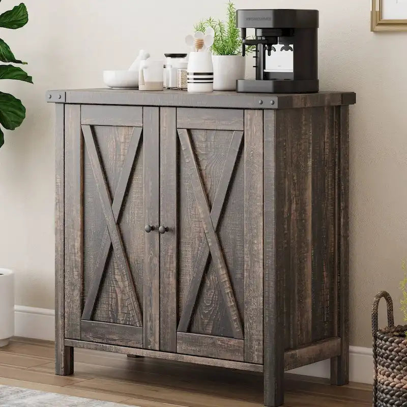 Rustic Barn Door Buffet Cabinet with Adjustable Shelves, Gray-Brown