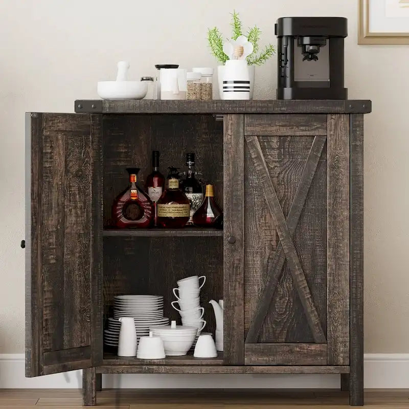 Rustic Barn Door Buffet Cabinet with Adjustable Shelves, Gray-Brown