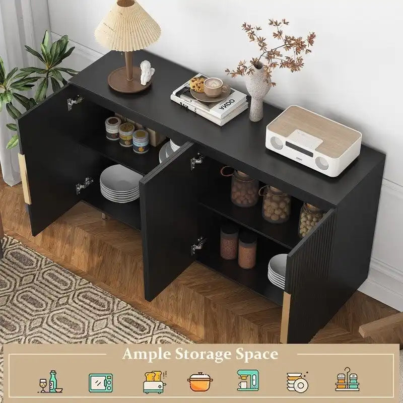 Fluted Panel Sideboard Storage Cabinet with Gold Legs White Black