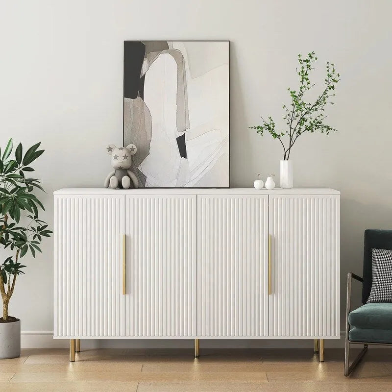 Fluted Panel Sideboard Storage Cabinet with Gold Legs White Black