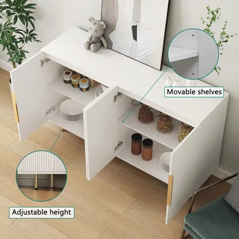 Fluted Panel Sideboard Storage Cabinet with Gold Legs White Black