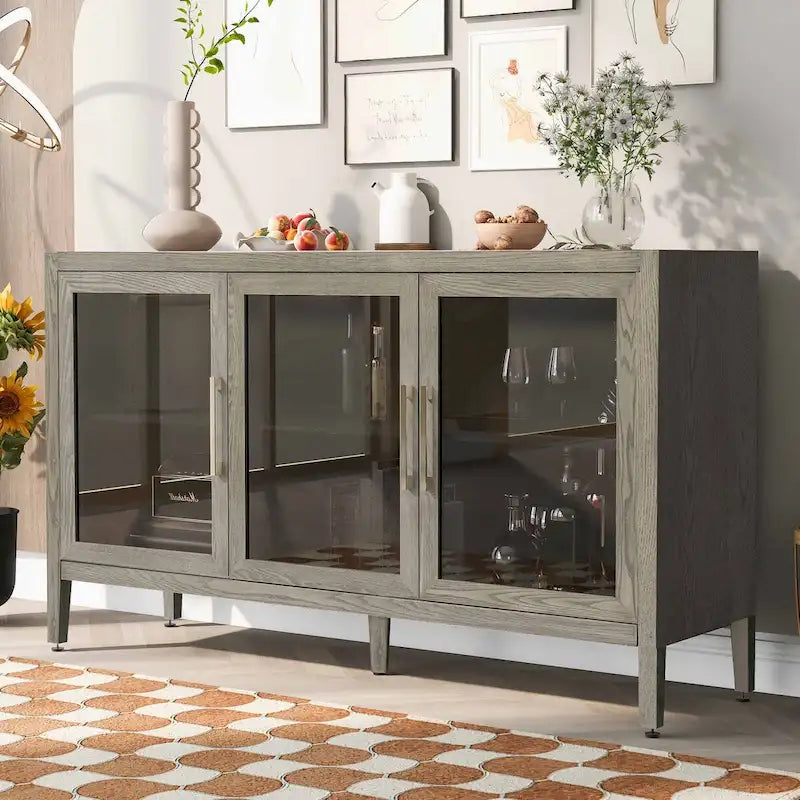 Tempered Glass Door Sideboard Cabinet with Adjustable Shelves and Metal Legs