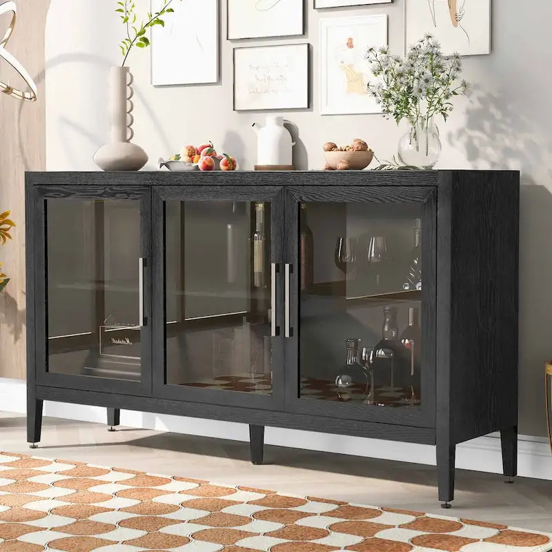 Tempered Glass Door Sideboard Cabinet with Adjustable Shelves and Metal Legs