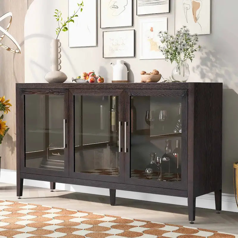 Tempered Glass Door Sideboard Cabinet with Adjustable Shelves and Metal Legs