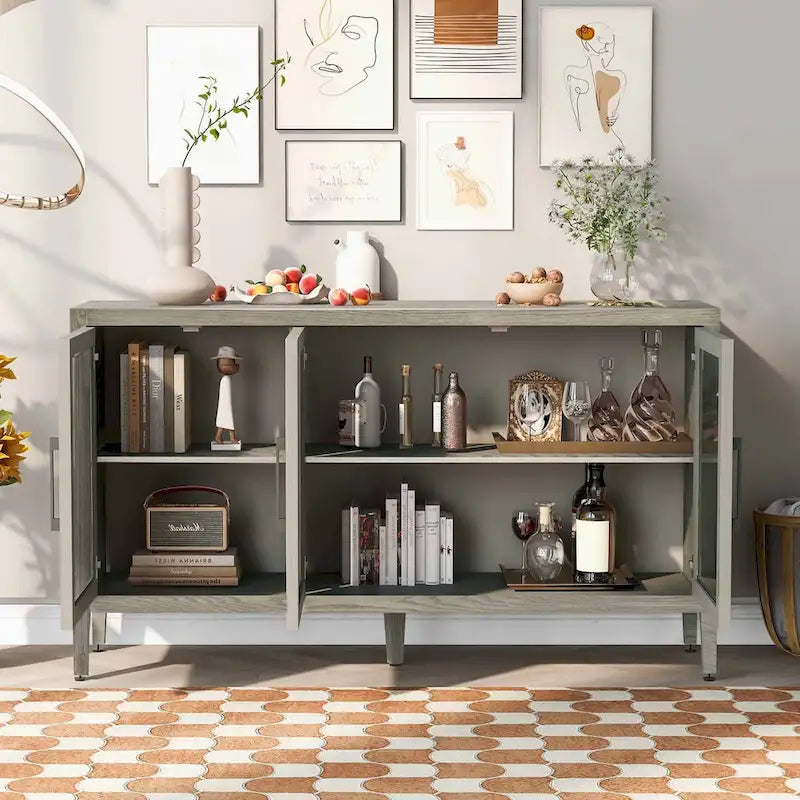 Tempered Glass Door Sideboard Cabinet with Adjustable Shelves and Metal Legs