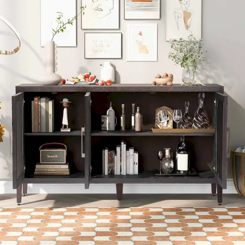 Tempered Glass Door Sideboard Cabinet with Adjustable Shelves and Metal Legs