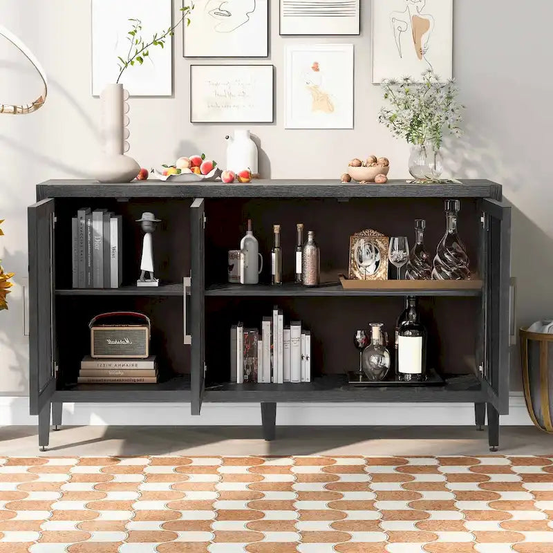 Tempered Glass Door Sideboard Cabinet with Adjustable Shelves and Metal Legs