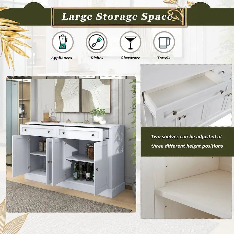 White Sideboard Buffet Cabinet with 4 Doors and 2 Drawers