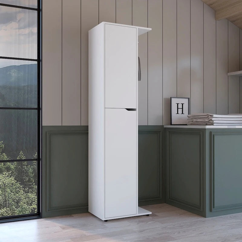 Tall White Single Door Four Shelf Engineered Wood Storage Cabinet