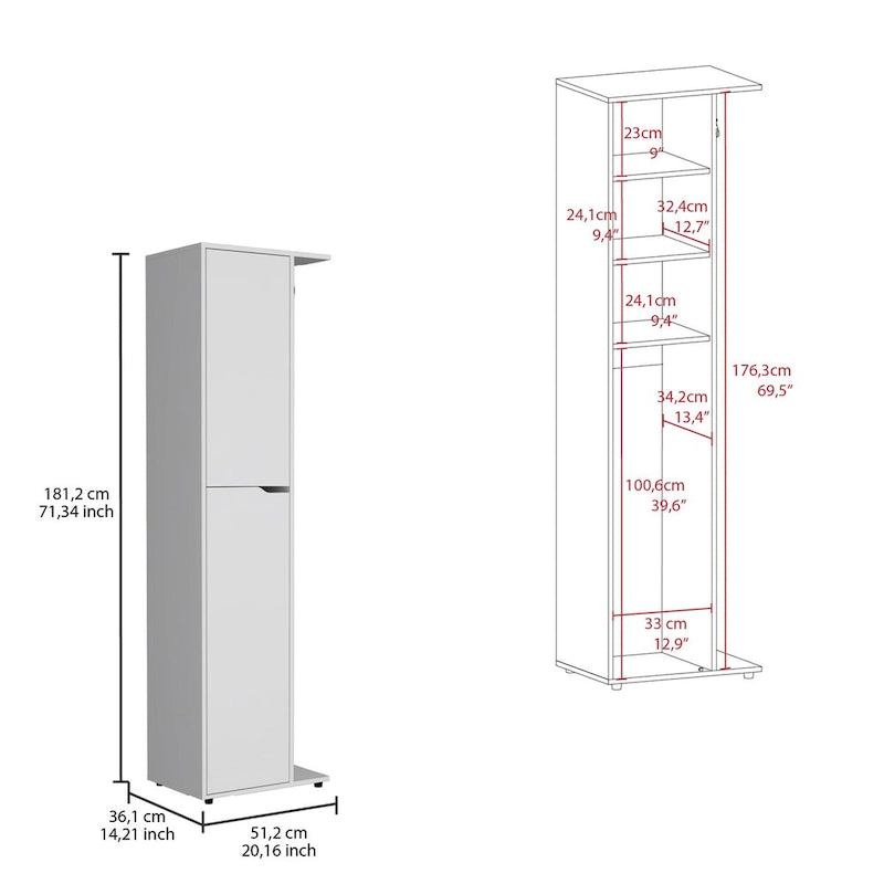 Tall White Single Door Four Shelf Engineered Wood Storage Cabinet