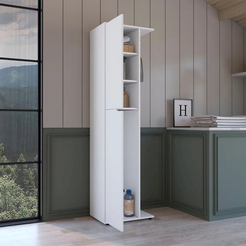 Tall White Single Door Four Shelf Engineered Wood Storage Cabinet